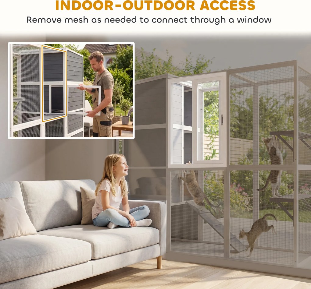 PawHut Klatka dla kotów na zewnątrz Domek dla kotów z drewna z 3 platformami, odpornym na warunki atmosferyczne dachem i miejscem do odpoczynku dla 3-4 kotów do 10 kg, Szary | Aosom PL