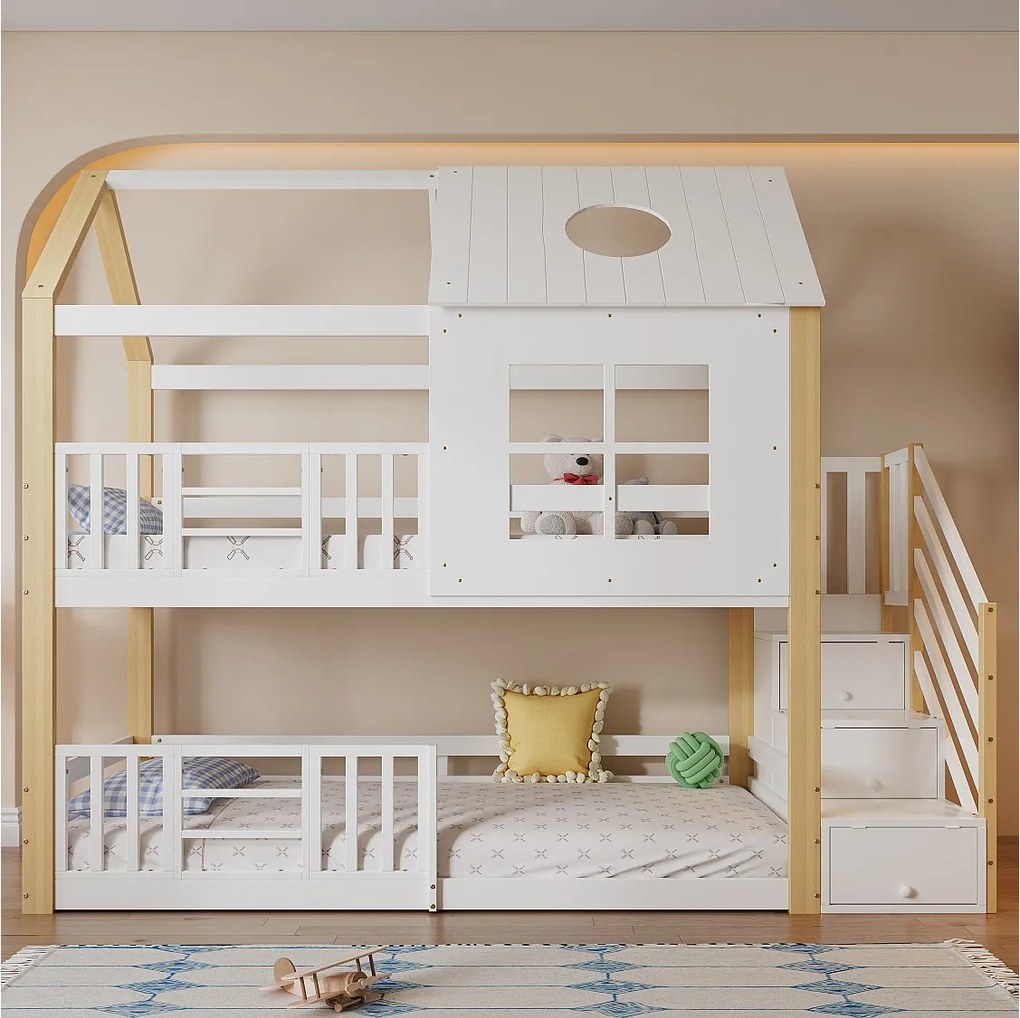 Łóżka piętrowe 2 x 90 x 200 cm z oknem i dachem - 3 szuflady - Sosna + MDF - Białe + naturalne