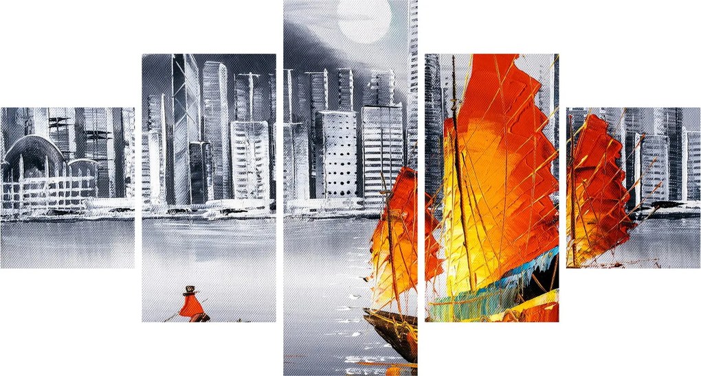 Obraz - Victoria Harbor, Hongkong, czarno-biały obraz olejny (125x70 cm)