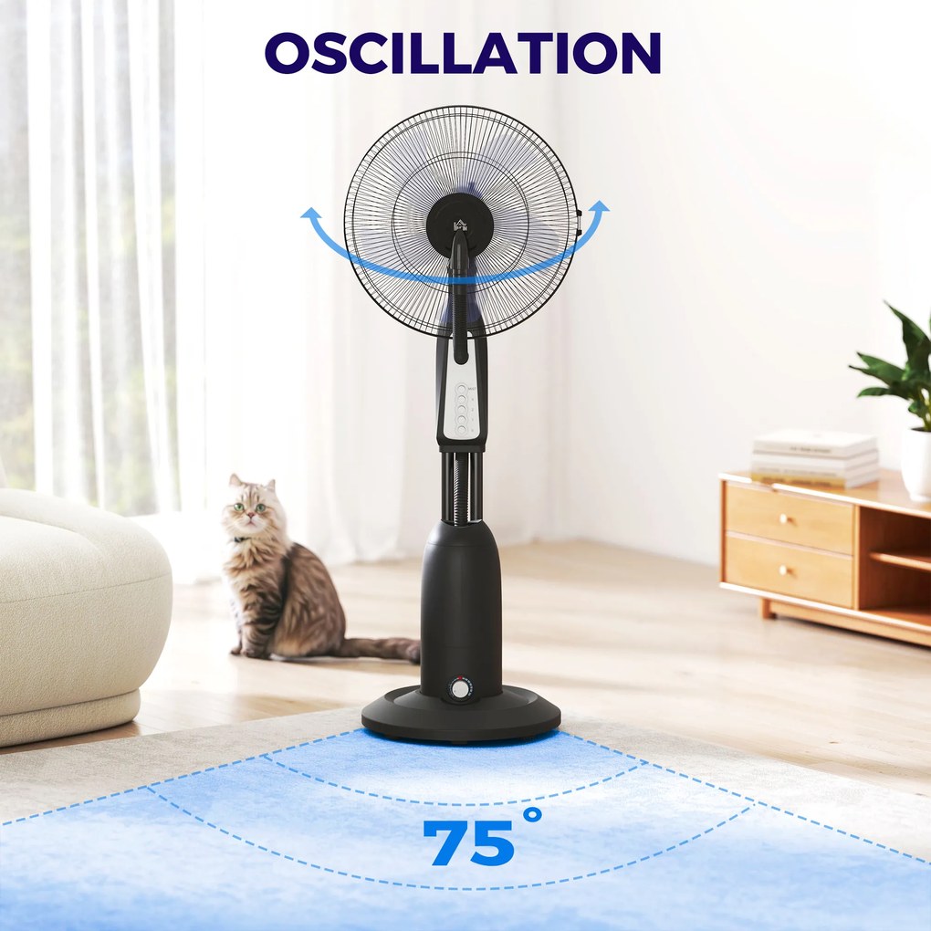 HOMCOM Wentylator z funkcją rozpylania mgiełki, zbiornik 3L, obrotowy o 75 stopni, 3 prędkości, mobilny, 125 cm, Czarny