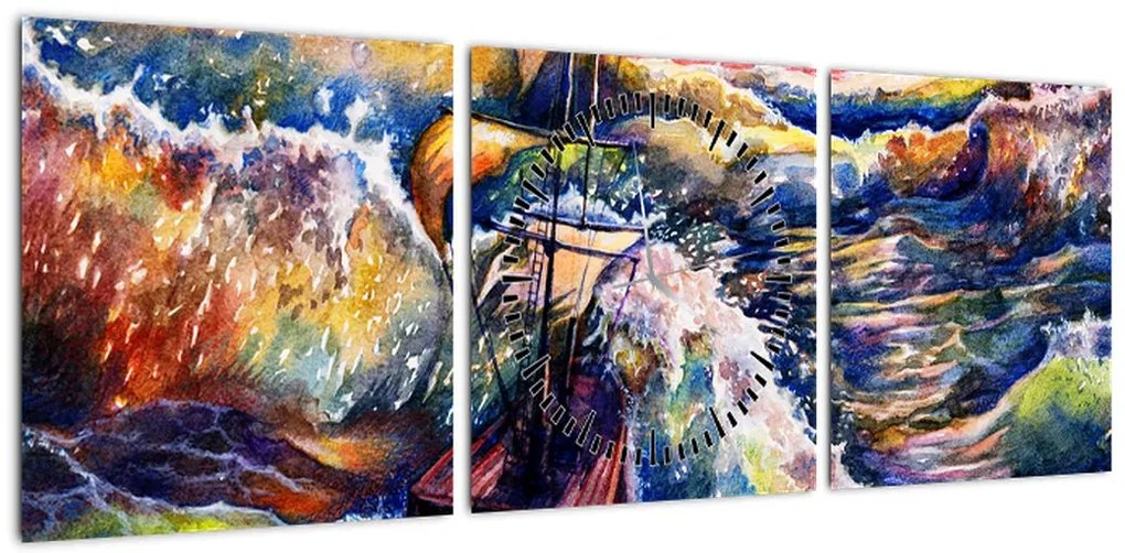 Obraz - Statek na falach oceanu, akwarela (z zegarem) (90x30 cm)