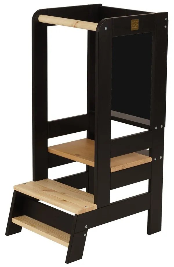 Czarno-naturalny pomocnik kuchenny dla dzieci z litego drewna sosnowego Montessori – Meowbaby