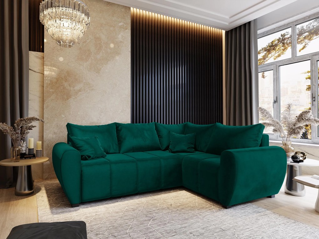 Masseno Narożnik MADISON z funkcją spania i pojemnikiem na pościel Narozniki L, Rozkładana sofa - Butelkowa zieleń, KRONOS 19