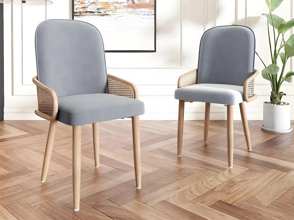 Zestaw 2 aksamitnych krzeseł z rattanowymi podłokietnikami – 4 nogi z naturalnego metalu – szary