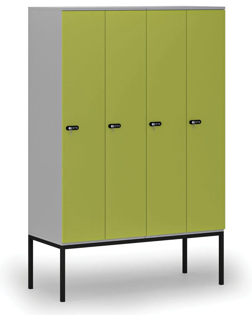 Drewniana szafa ubraniowa S4 z podstawą, 4-drzwiowa, 1871 x 1200 x 500 mm, demontaż, zamek mechaniczny z kodem, szary/zielony