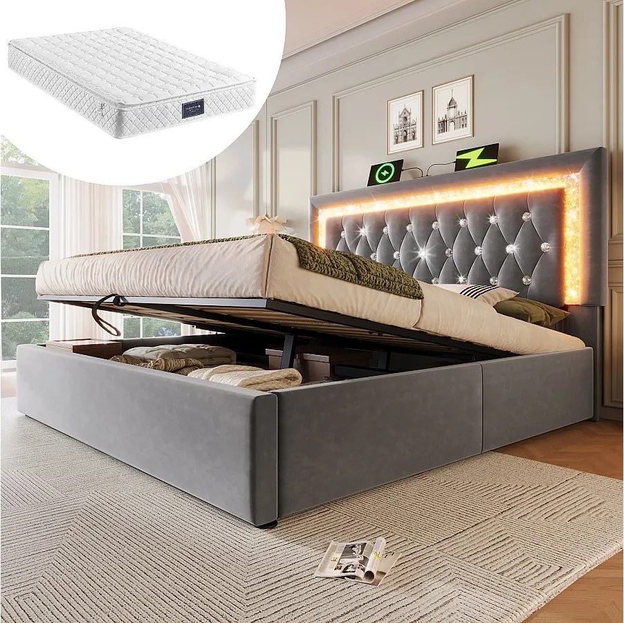 Łóżko tapicerowane dwuosobowe ze schowkiem - 140 x 200 cm - zagłówek z diodami LED + USB i Type-C - hydrauliczny schowek - welur - szary (z materacem)