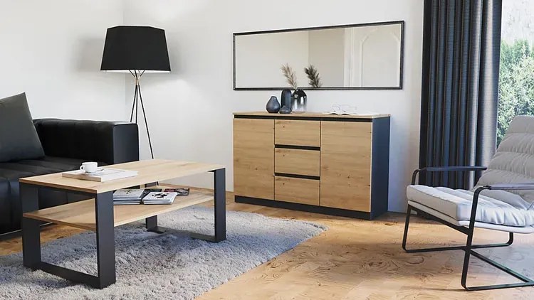 Komoda Z Szufladami I Półkami Dąb Artisan + Antracyt K0-W45