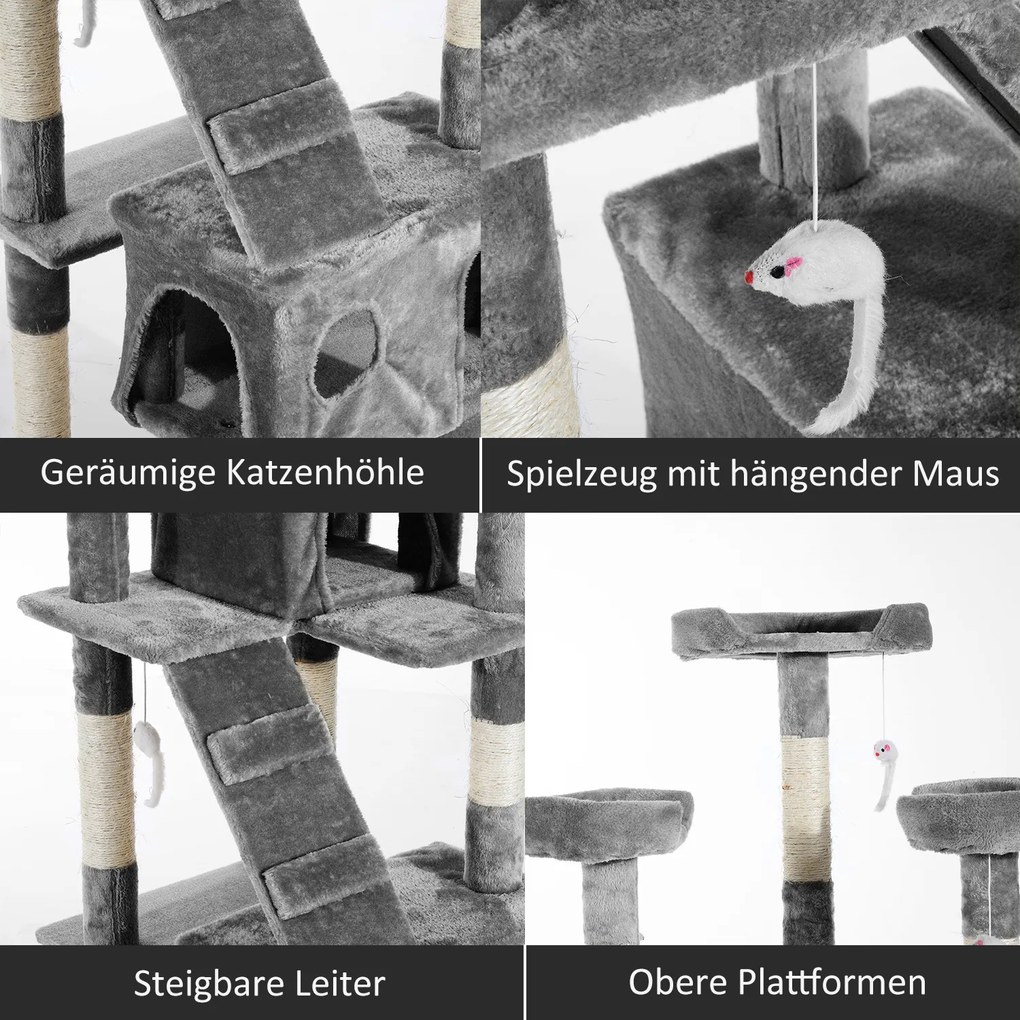 PawHut Drapak dla kota 170cm z domkiem i platformami do wypoczynku Sizalowy słupek Szary | Aosom PL