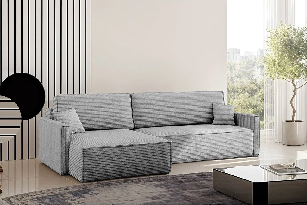 Narożnik z funkcją spania i pojemnikiem w kształcie L Carlos, tkanina Poso, Srebrny, Lewy