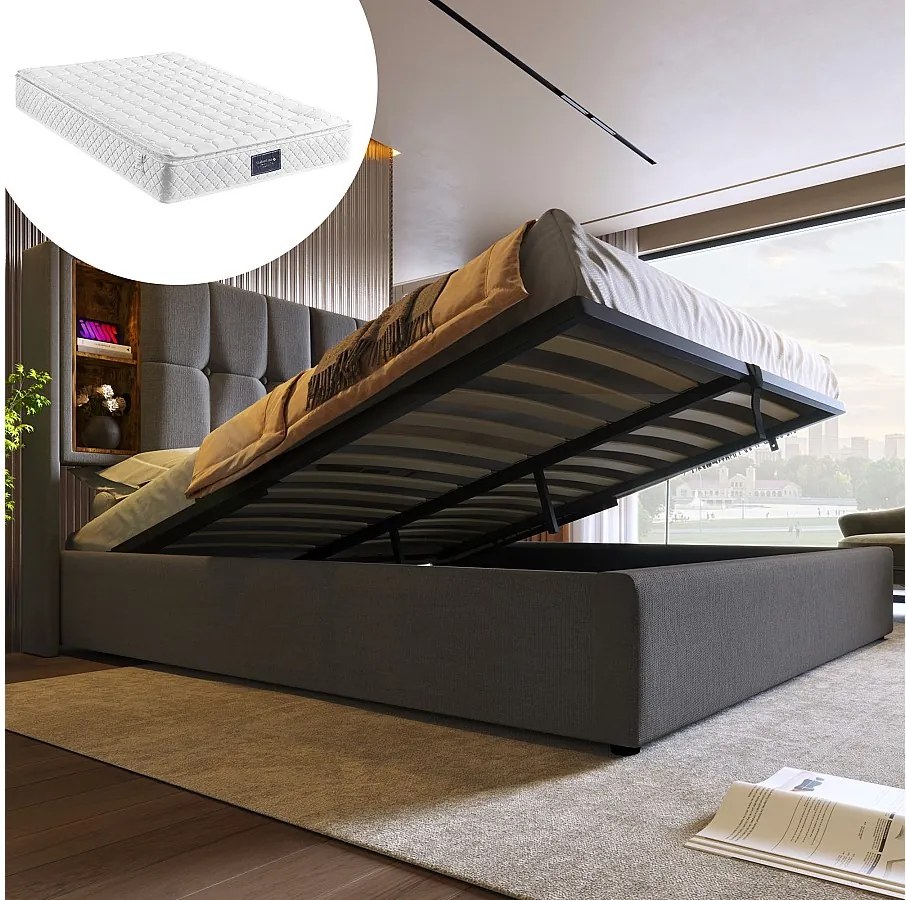 Łóżko tapicerowane dwuosobowe ze schowkiem - 140 x 200 cm - Materac + Zagłówek z USB - Tkanina bawełniana - Szary