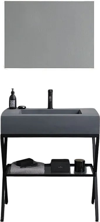 Szafka łazienkowa stojąca „Figi” 80 cm z szarej żywicy z szarą umywalką i prostokątnym lustrem podświetlanym diodami LED