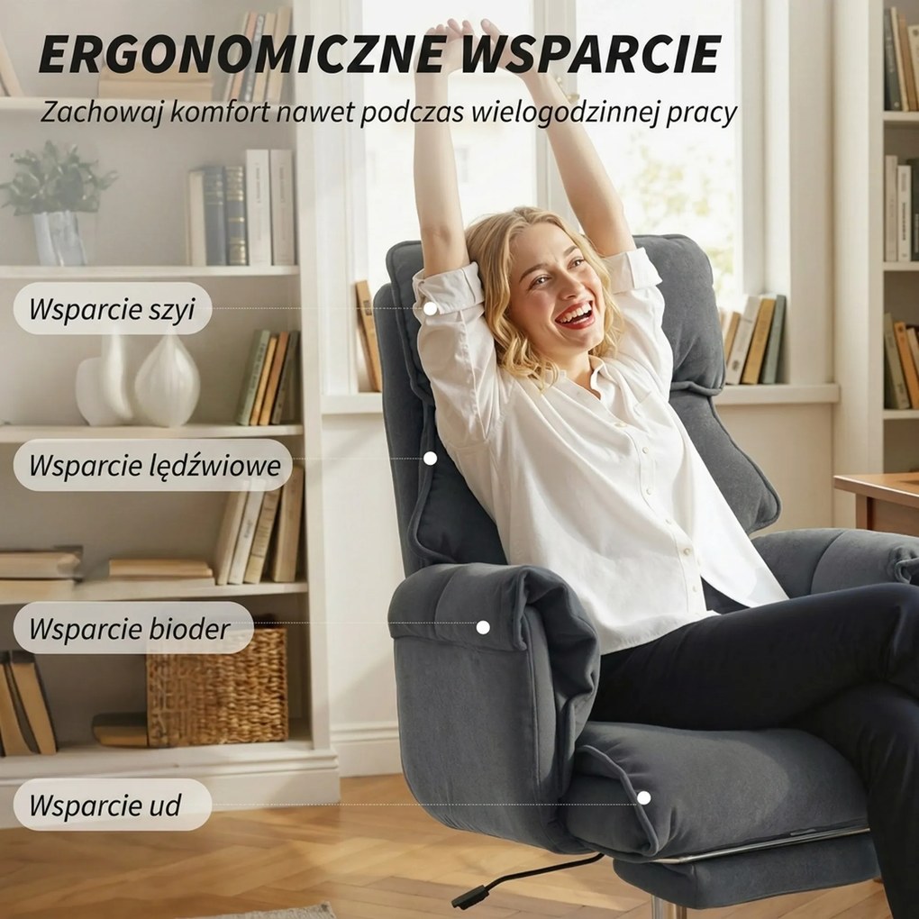 HOMCOM Fotel biurowy regulowany obrotowy z podparciem lędźwiowym, podnóżkiem, flanelą śnieżną, 80 x 80 x 106-114 cm, ciemnoszary | Aosom PL