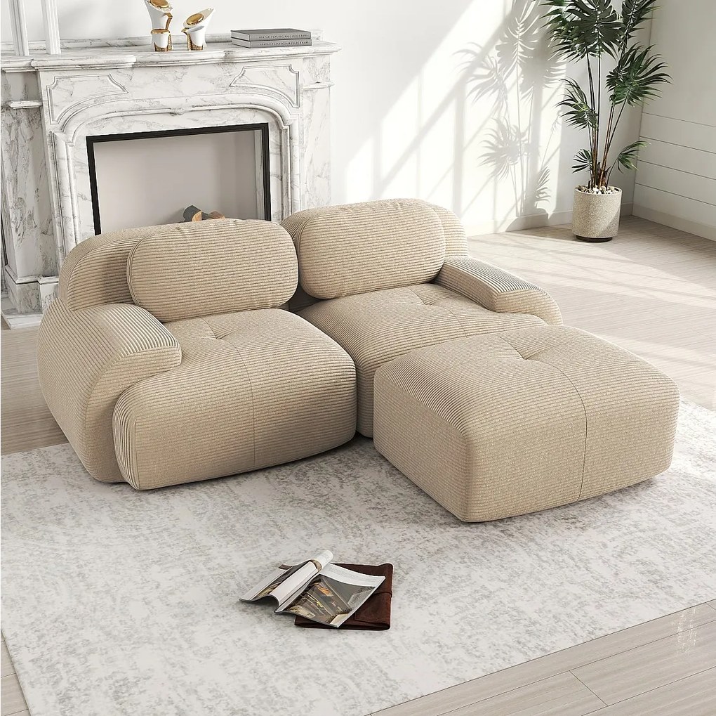 Narożnik z zaokrąglonymi podłokietnikami - sofa 2-osobowa z oparciem i ozdobnymi poduszkami - beżowy sztruks