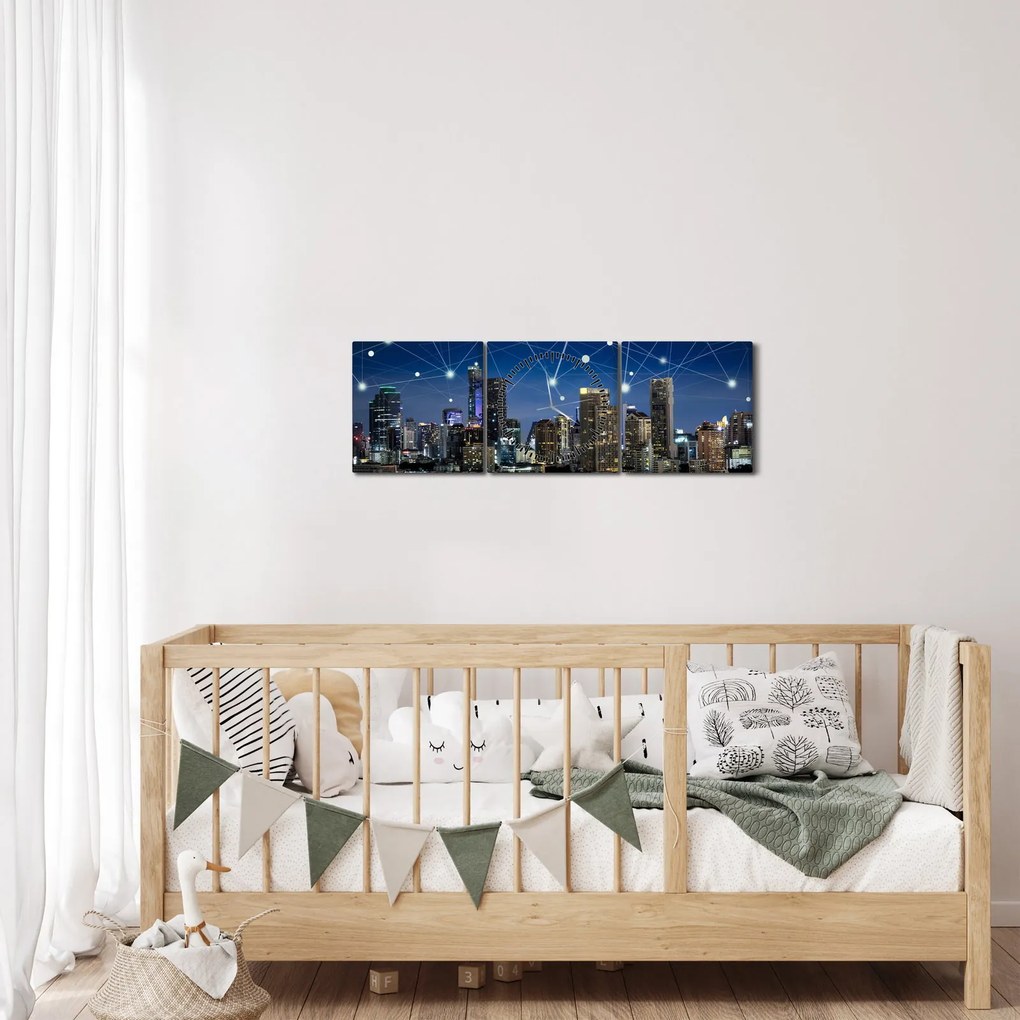 Obraz - Wielkie miasto nocą (z zegarem) (90x30 cm)