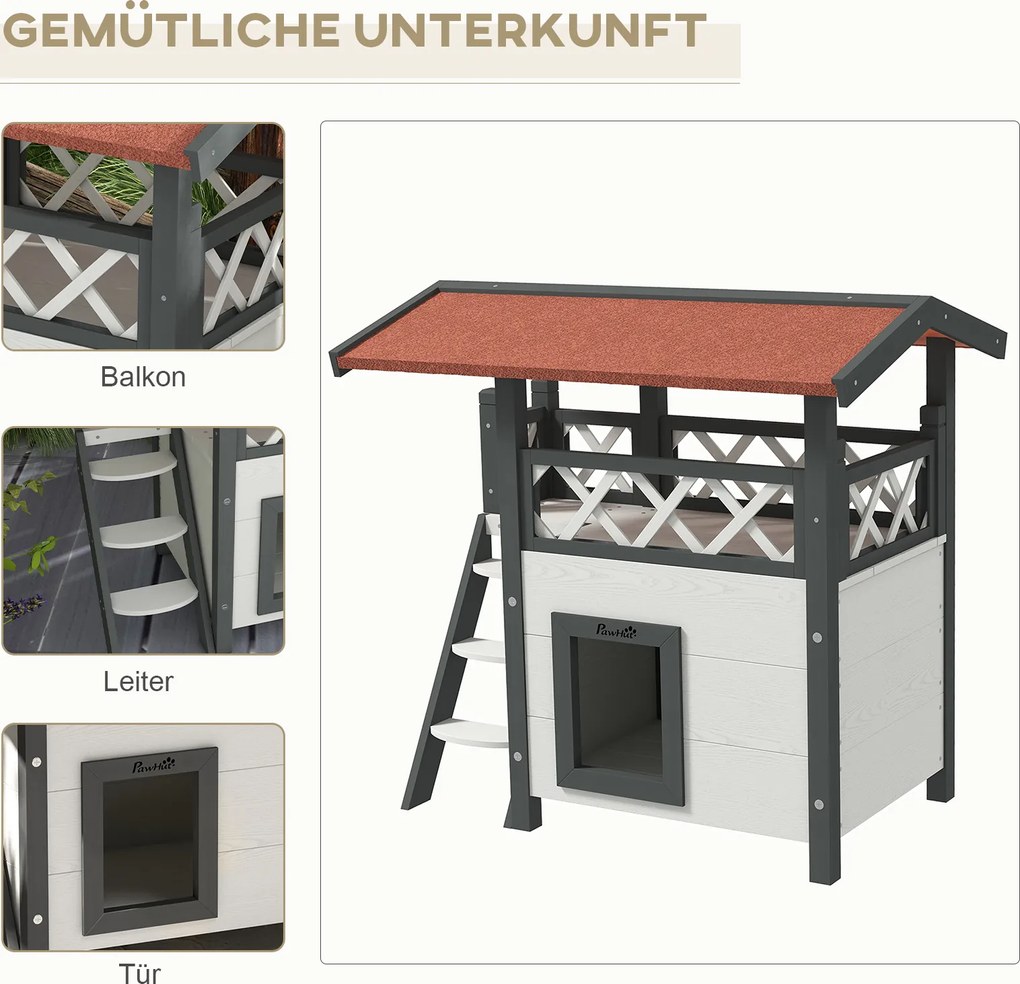 PawHut Domek dla kotów, Chatka dla zwierząt, Dach asfaltowy, 2 Poziomy, 1 Schodek, Biało-Czerwony