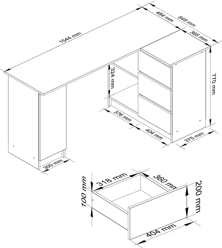 Prawostronne biurko z 3 szufladami dąb artisan + biały - Osmen 4X