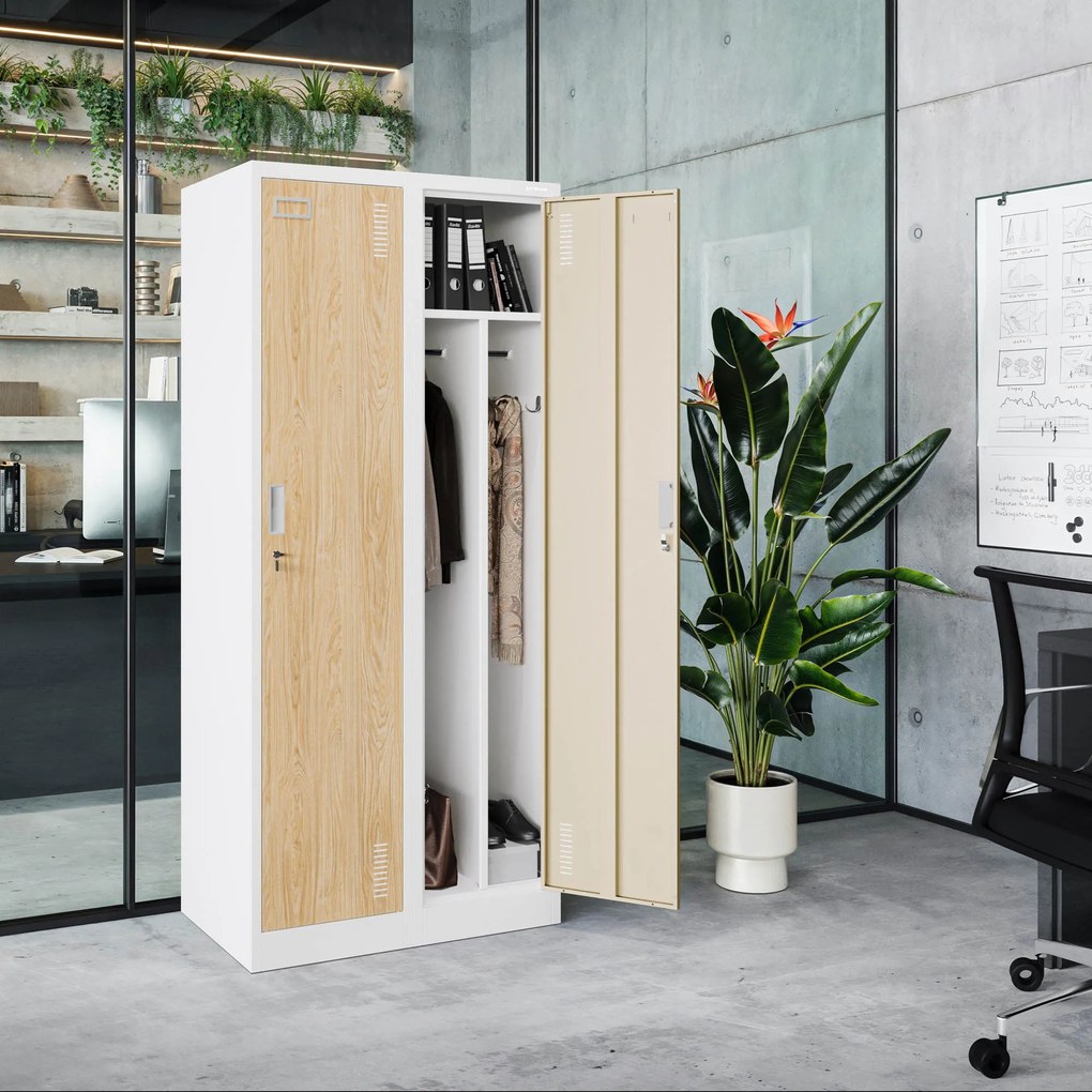 Szafka ubraniowa BHP biała/ dąb sonoma: czterokomorowa Eco Design KACPER, 800 x 1800 x 500 mm