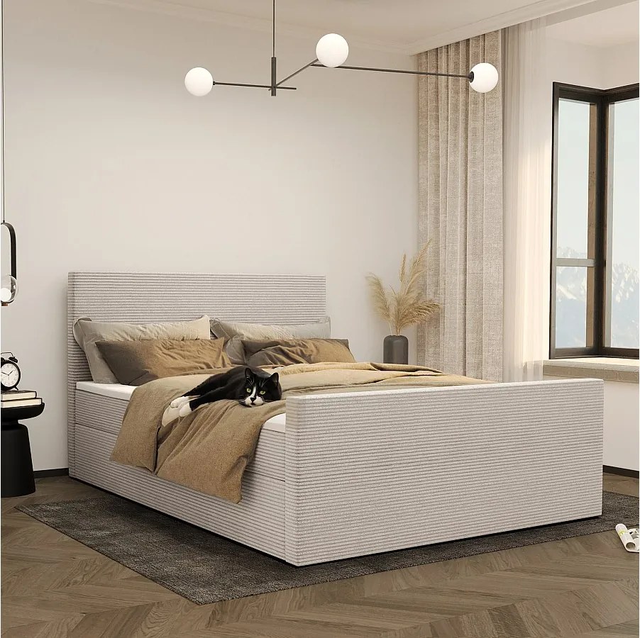 Łóżko kontynentalne z pojemnikiem i topperem VIESTA, tkanina Poso, Beżowy, 140x200 cm, H3-Bonell