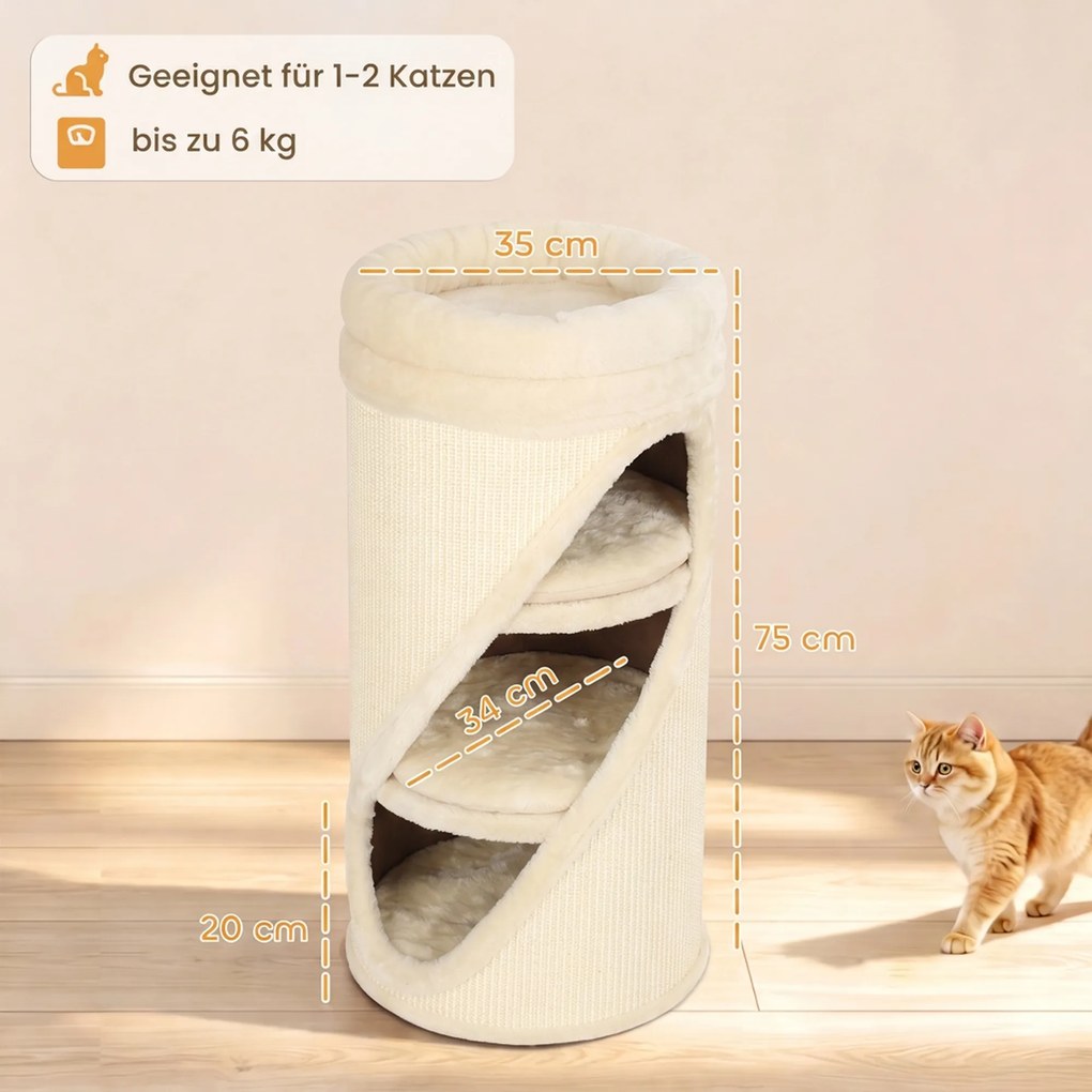 PawHut Beczka do drapania 75 cm wys. Ø 35 cm 4-poziomowa kocia beczka z 3 jaskiniami, zdejmowane prane pluszowe legowisko, mata z sizalu | Aosom PL