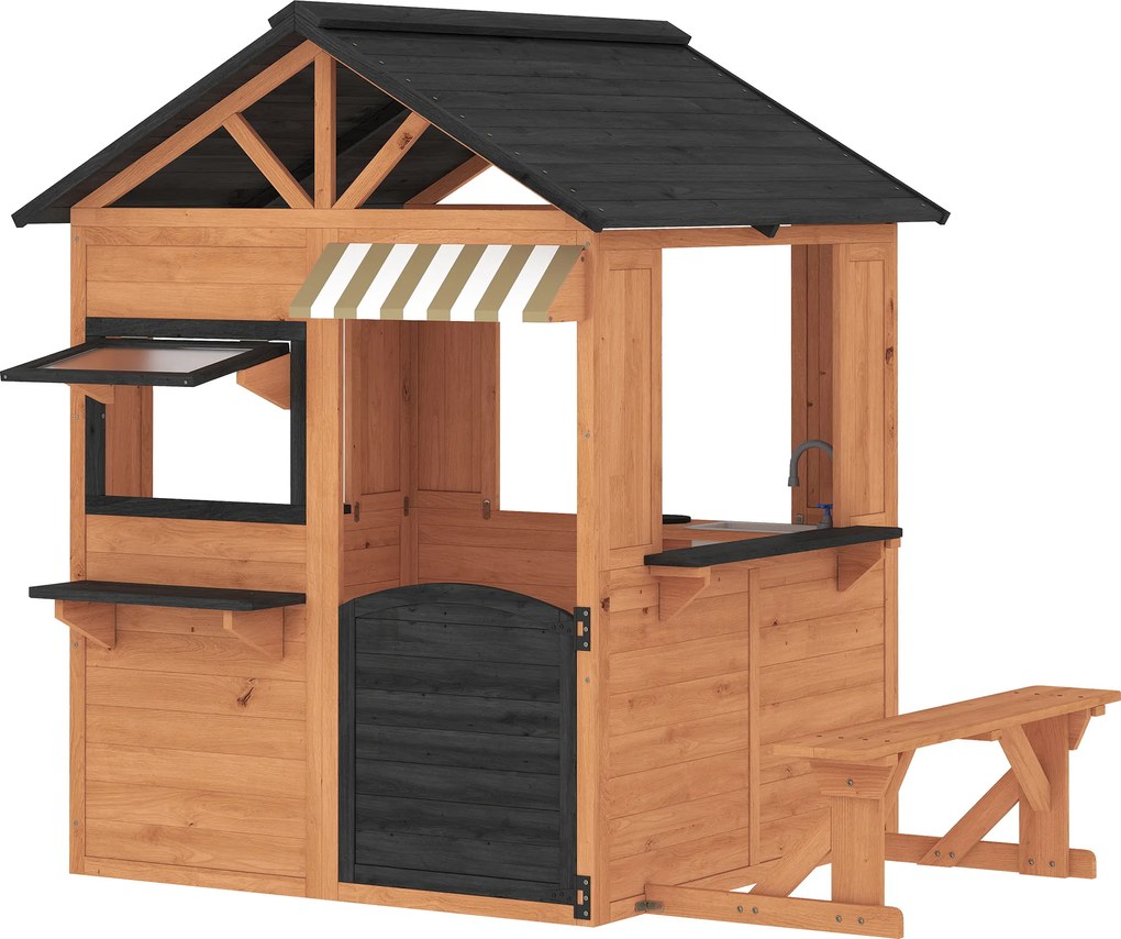 AIYAPLAY Drewniany domek dla dzieci z kuchnią, ławką, okienkami i drzwiami dla dzieci w wieku 3-8 lat, 171,5 x 146 x 156 cm, brązowy | Aosom PL