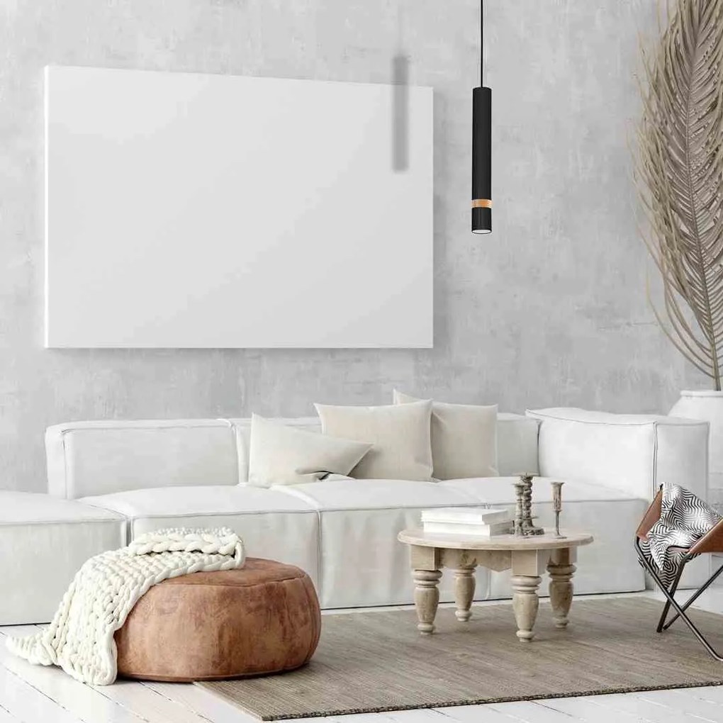 Lampa wisząca, czarna, drewno, tuba, JOKER BLACK/WOOD 1xGU10