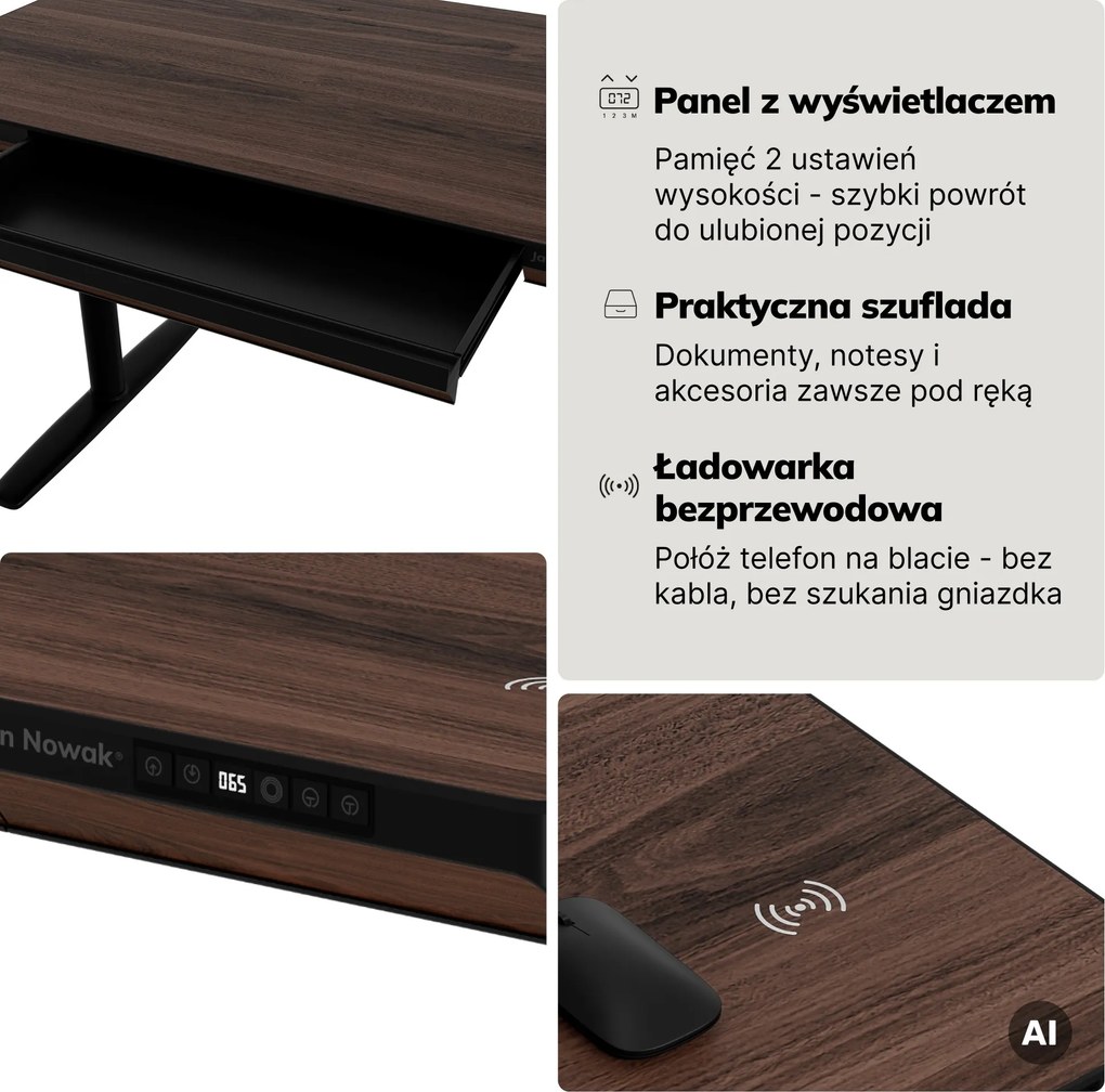 Biurko elektryczne sit-stand z szufladą i ładowarką bezprzewodową Qi czarne/orzech, 1200 mm: ELLIS