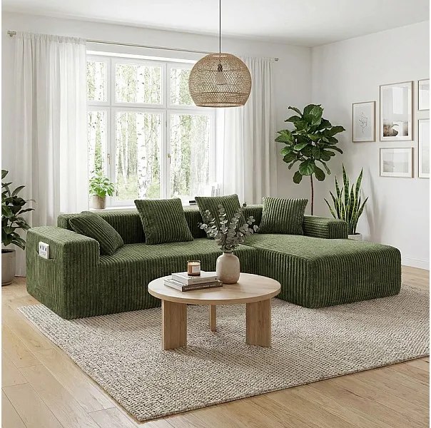 Modułowa Narożna Sofa Prawa 3-osobowa, w Welurze Żebrowanym zielonym, z 4 Poduszkami, leżanką i boczną kieszenią, 261x156x80cm