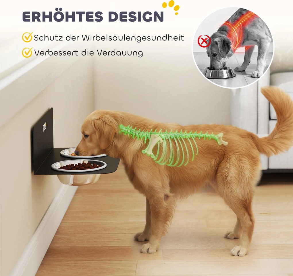 PawHut Miska dla psa regulowana wysokość ścienna z 2 x 800 ml miskami 42 x 23,5 x 14 cm Czarny | Aosom PL