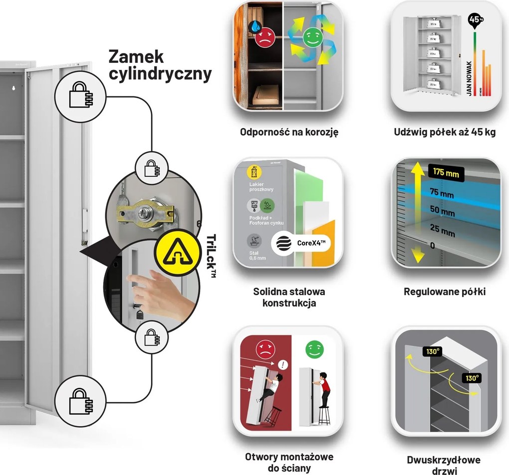 Szafa biurowa na dokumenty Jan Compact 80x40x175 cm, kolor szary