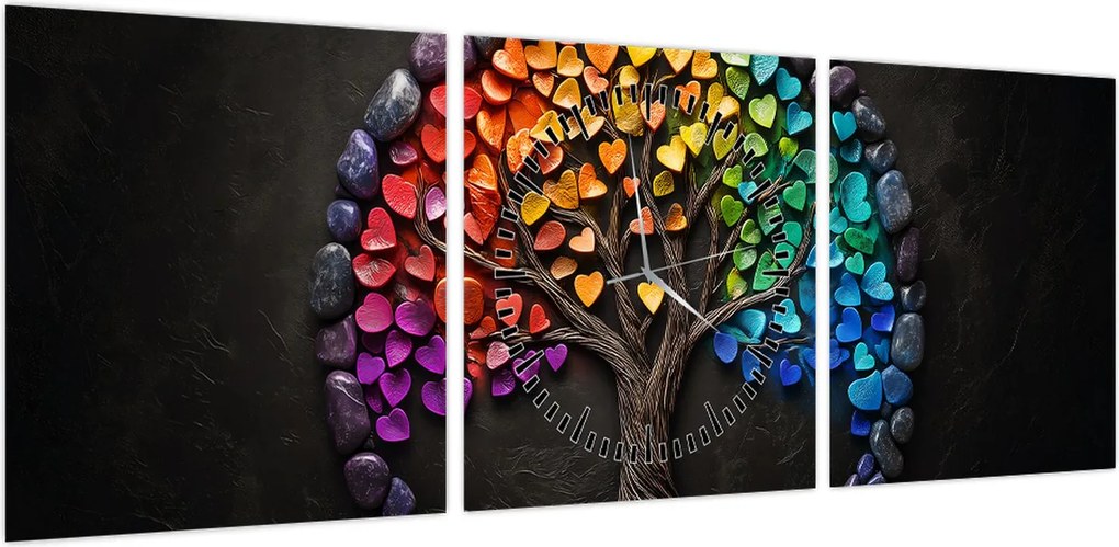 Obraz – Drzewo pełne kolorowych serc (z zegarem) (90x30 cm)