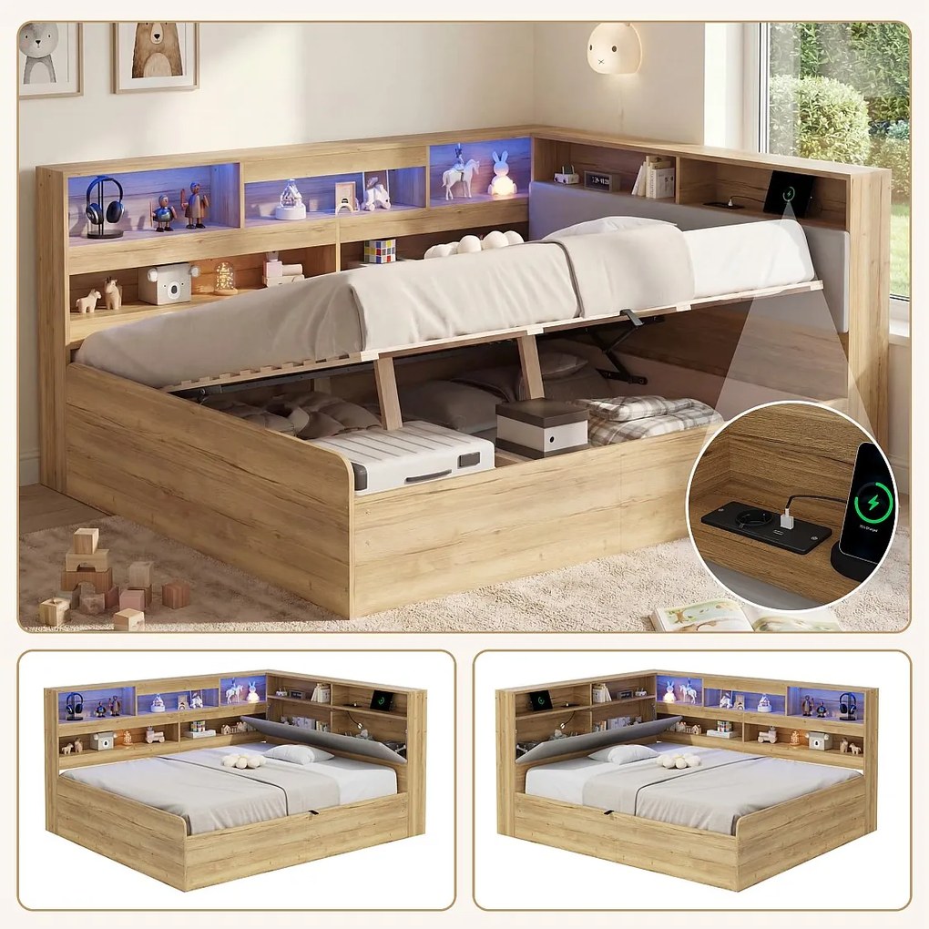 Łóżko hydrauliczne dla dzieci z pojemnikiem - 140 x 200 cm - z portem USB, diodami LED, półką do przechowywania i zagłówkiem - MDF - naturalne