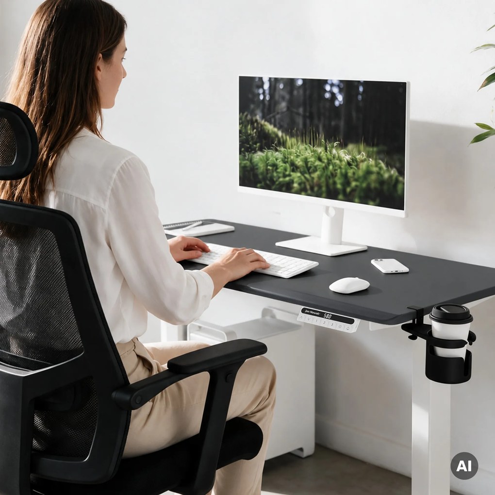 Biurko elektryczne z regulacją wysokości ergonomiczne biało-antracytowe,1200x600 mm: ARIA
