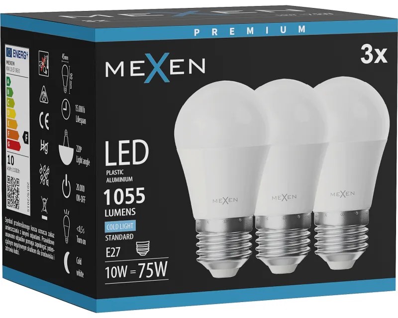 Mexen Nova 3x żarówka LED E27, G45, 10W, Zimna - 6500K, 1055 lm - L101-E27-1065-01x03