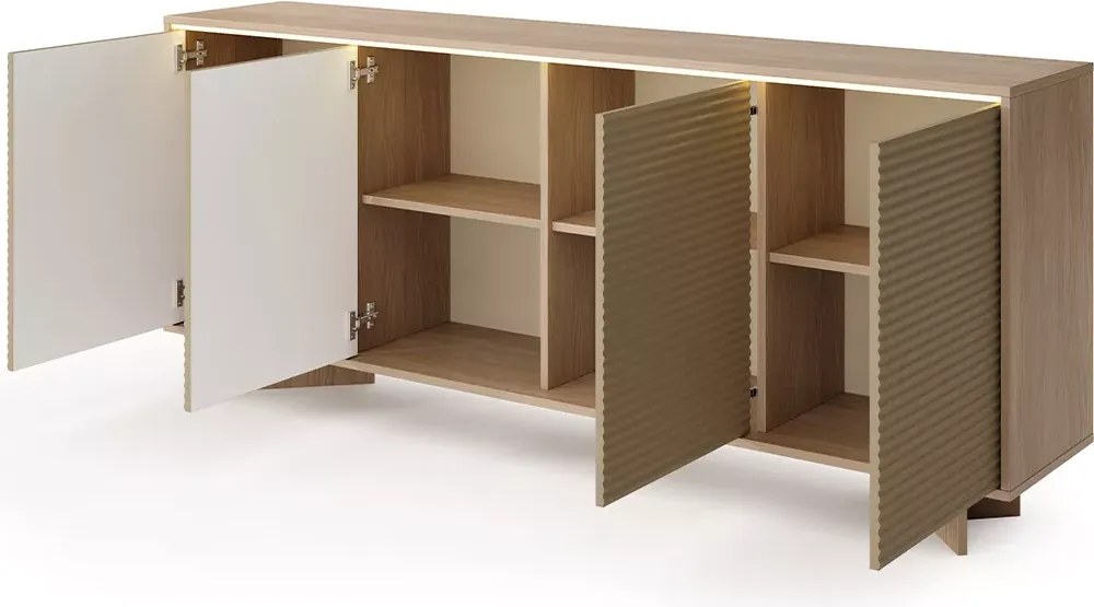 Komoda Parsja 4D 200 cm LED – duża komoda do salonu, ryflowane fronty, bolivar naturalny / cappuccino, push-to-open