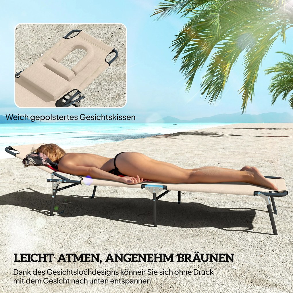 Outsunny Leżak z otworem na twarz i poduszką, składany, wodoodporne pokrycie, metalowy stelaż, beżowy | Aosom PL