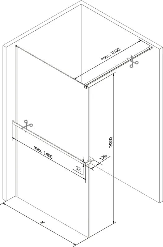 Mexen Kioto+ ścianka prysznicowa z półką Walk-in 130 x 200 cm, czarna kratka, chrom - 800-130-121-01-77