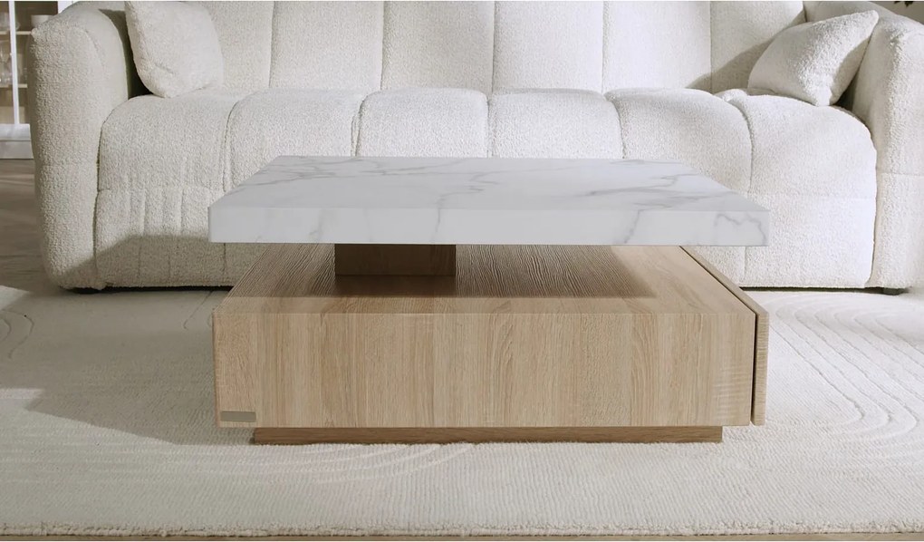 Stolik kawowy obrotowy z 1 szufladą z MDF - Efekt białego marmuru i Naturalny - KYRIA