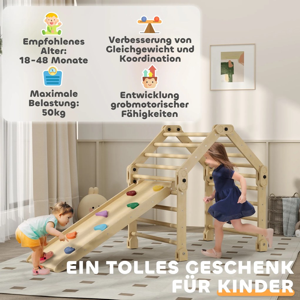 AIYAPLAY Klettergerüst 3 w 1, składane, Drabina & Zjeżdżalnia/Ścianka Wspinaczkowa, Drewno, dla Dzieci 1,5-4 Lata