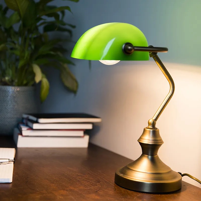 Klasyczna lampa stołowa/lampa notariusza brązowa ze szklanym kloszem w kolorze zielonym - Banker klasyczny/Antyczny Oswietlenie wewnetrzne