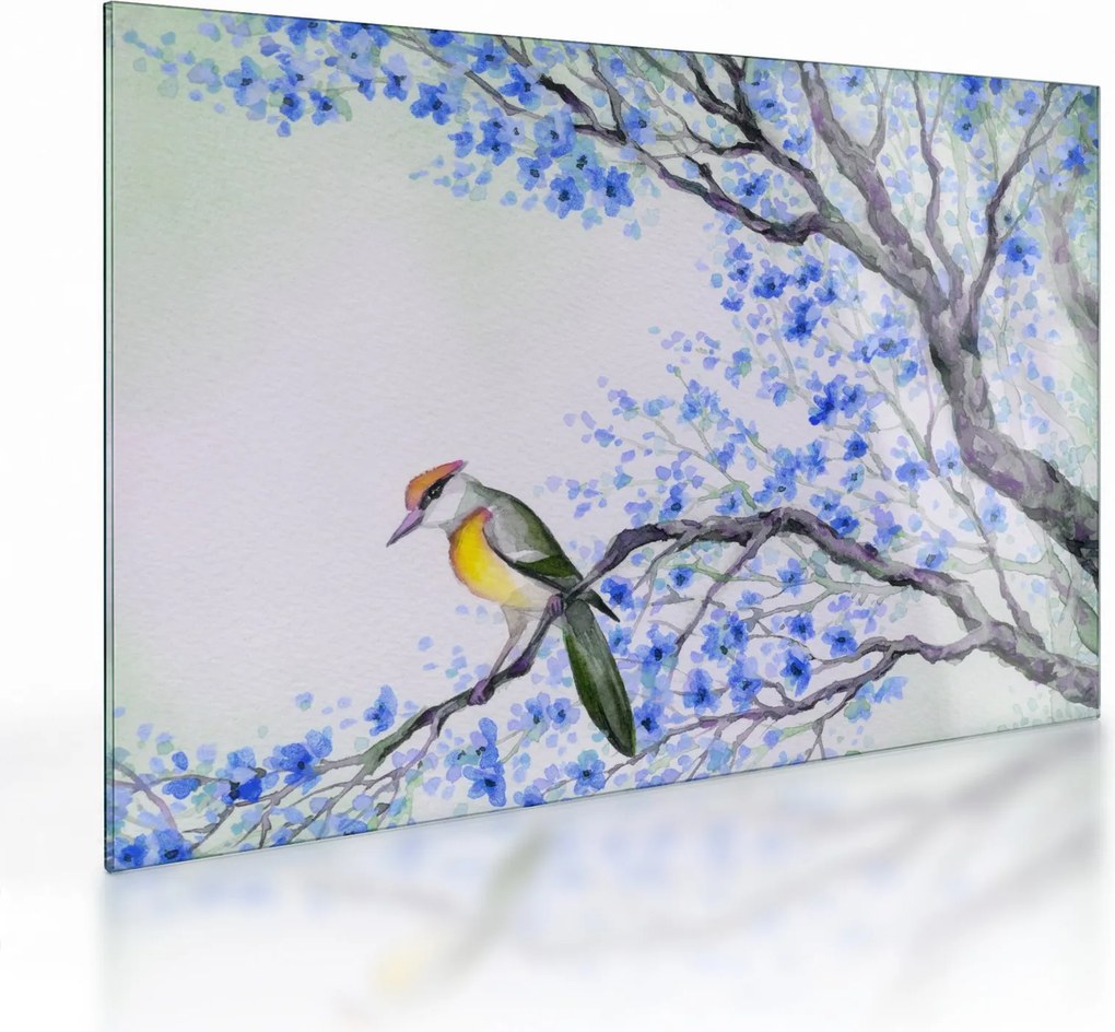 Obraz na szkle - ptak na drzewie z niebieskimi kwiatami (70x50 cm)