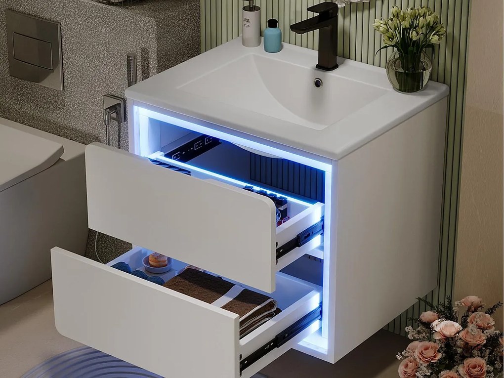 Podwieszane meble łazienkowe z ceramiczną umywalką - oświetlenie LED z czujnikiem radarowym - 2 szuflady - biały (bateria nie jest dołączona)