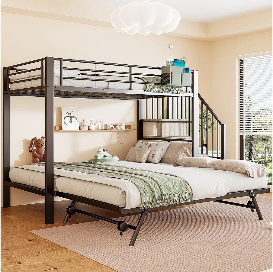 Łóżko piętrowe dla dzieci - 90 x 200 cm + 90(180) x 200 cm - rama żelazna - łóżko wysuwane - drabinka ze schowkiem - metal - czarne