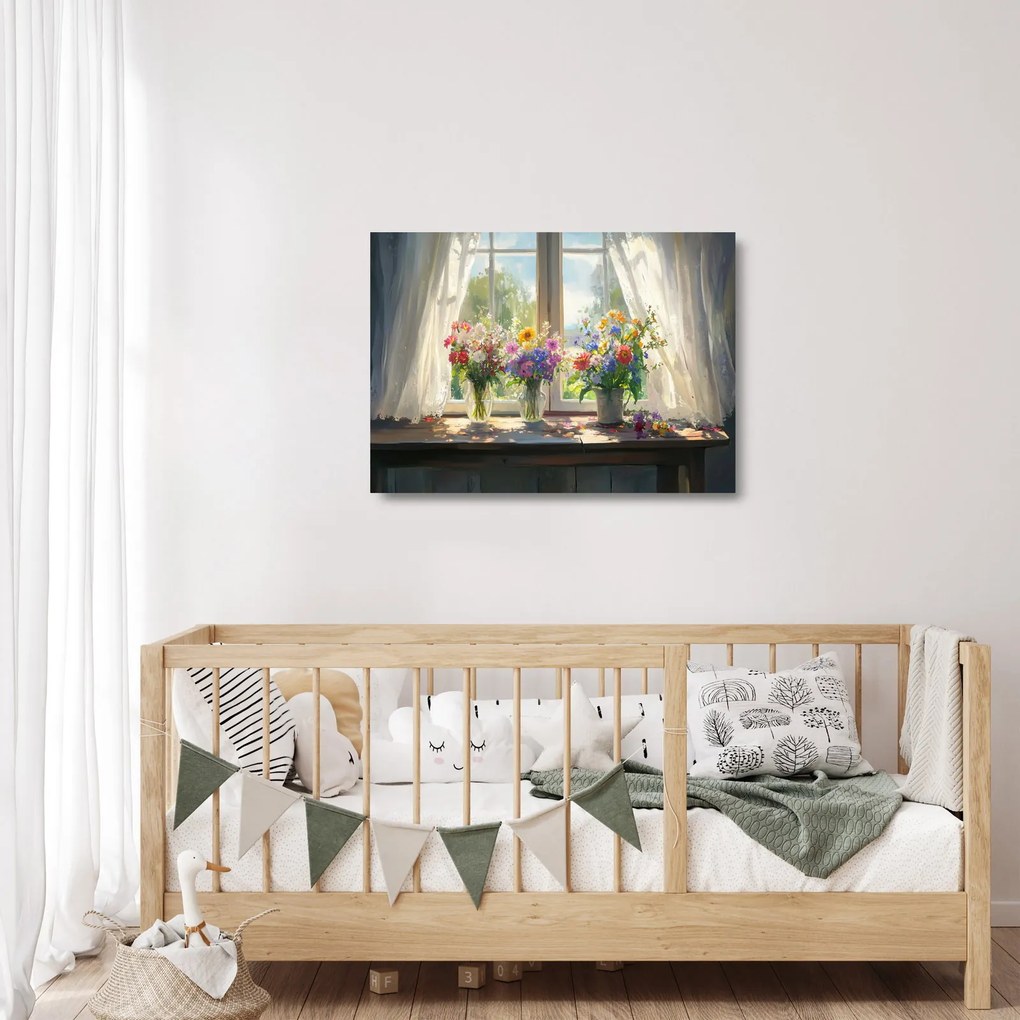 Obraz na szkle - Bukiet przy oknie (70x50 cm)