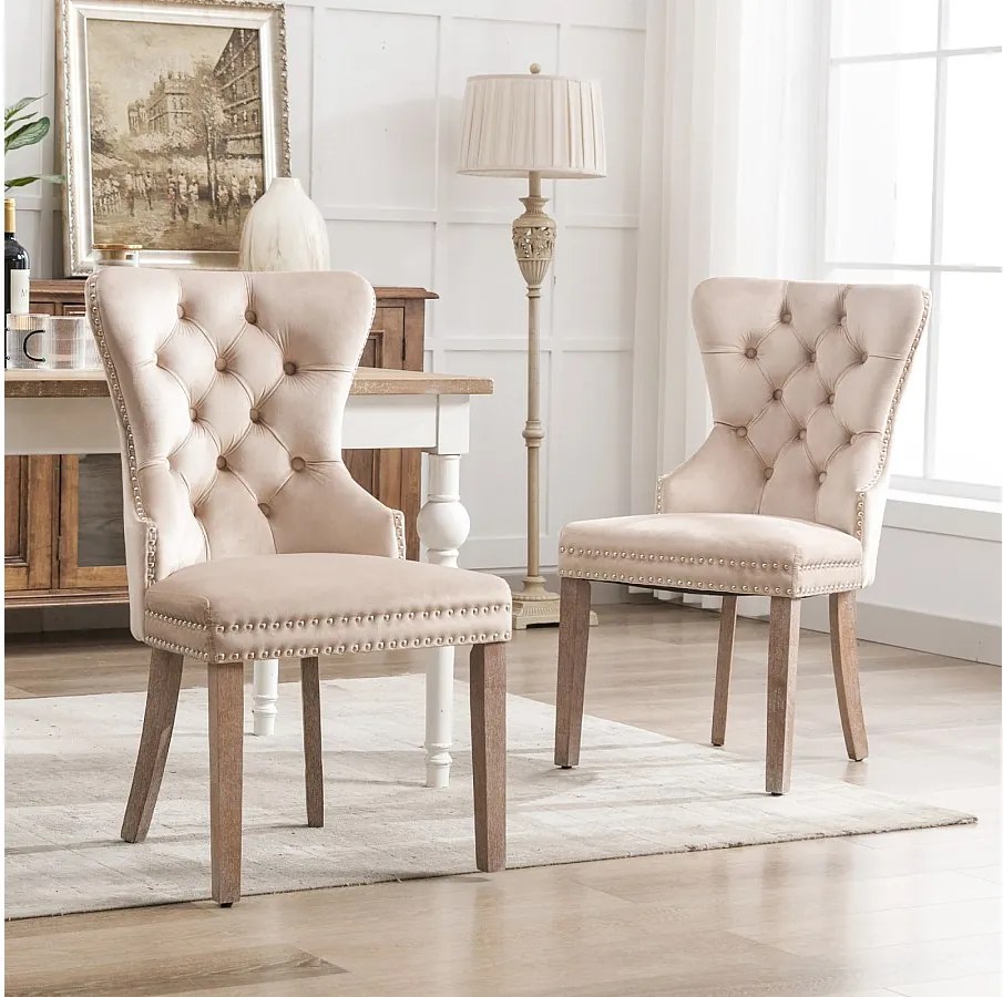 Zestaw 2 krzeseł do jadalni, wysokie oparcie, aksamit vintage, guziki, rama z litego drewna