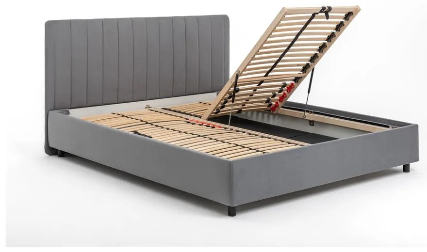 Szare tapicerowane łóżko dwuosobowe ze schowkiem i stelażem 180x200 cm Myra Slim Line – Bonami Selection