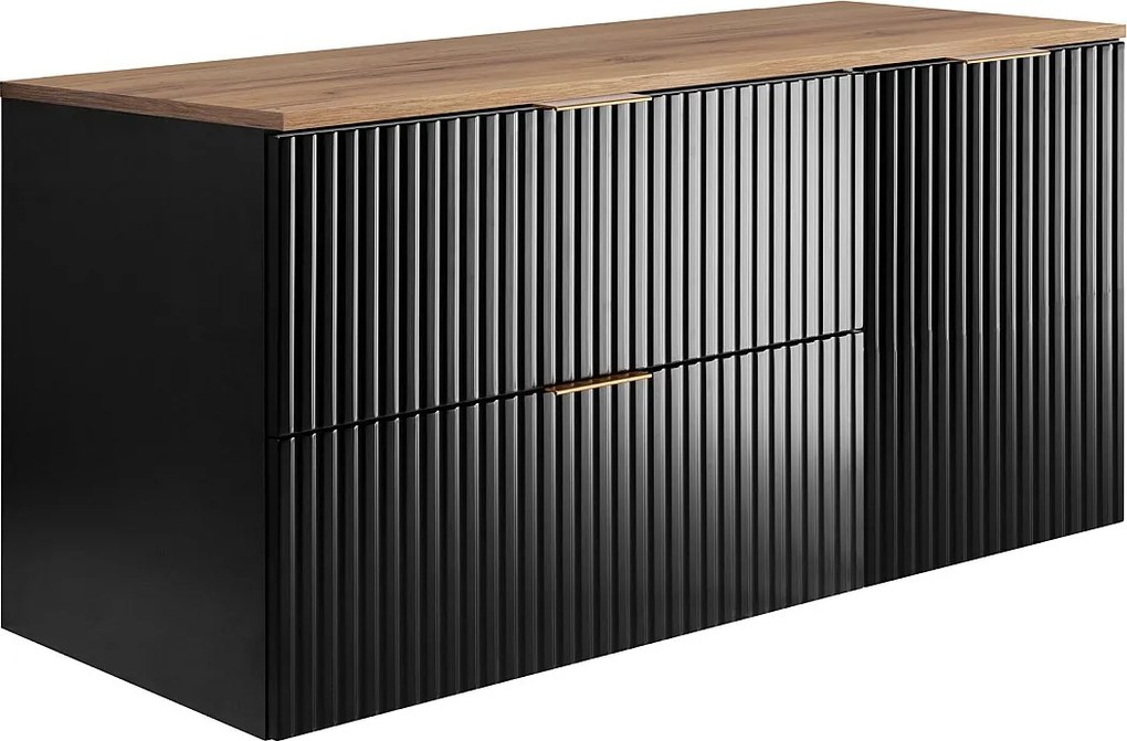 Zestaw łazienkowy: szafka z szufladami i szafka z drzwiami 57×46×120 cm, kolor: czarny / blat Dąb Craft, uchwyt złoty