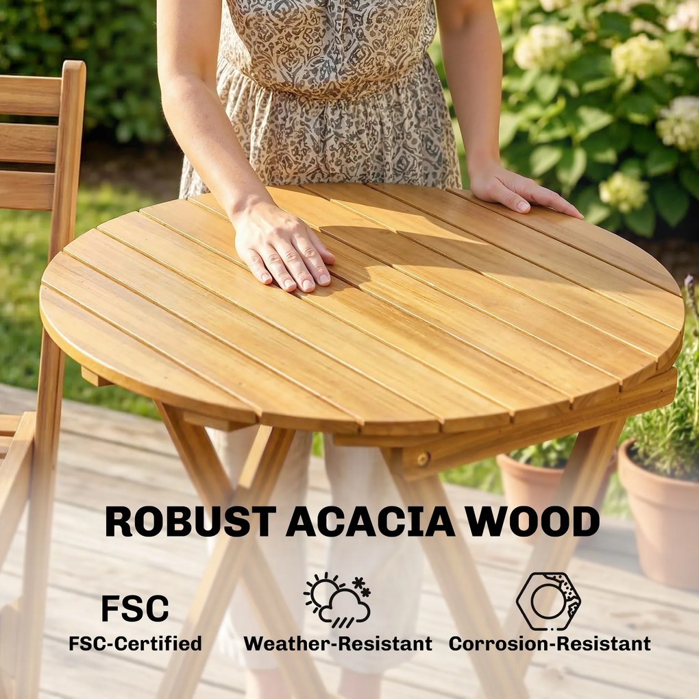 Outsunny Zestaw Mebli Balkonowych 3-częściowy FSC Drewno Składany Zestaw Ogrodowy z Okrągłym Stołem i 2 Krzesłami | Aosom PL