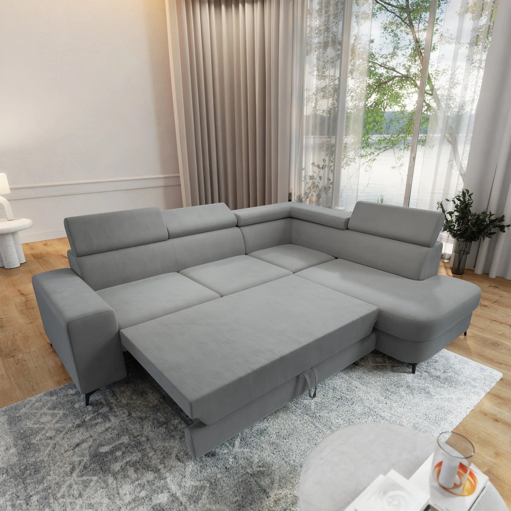 Masseno Narożnik ALVORO z funkcją spania i pojemnikiem na pościel Narozniki L, Rozkładana sofa - Jasnoszary, MATT VELVET 83