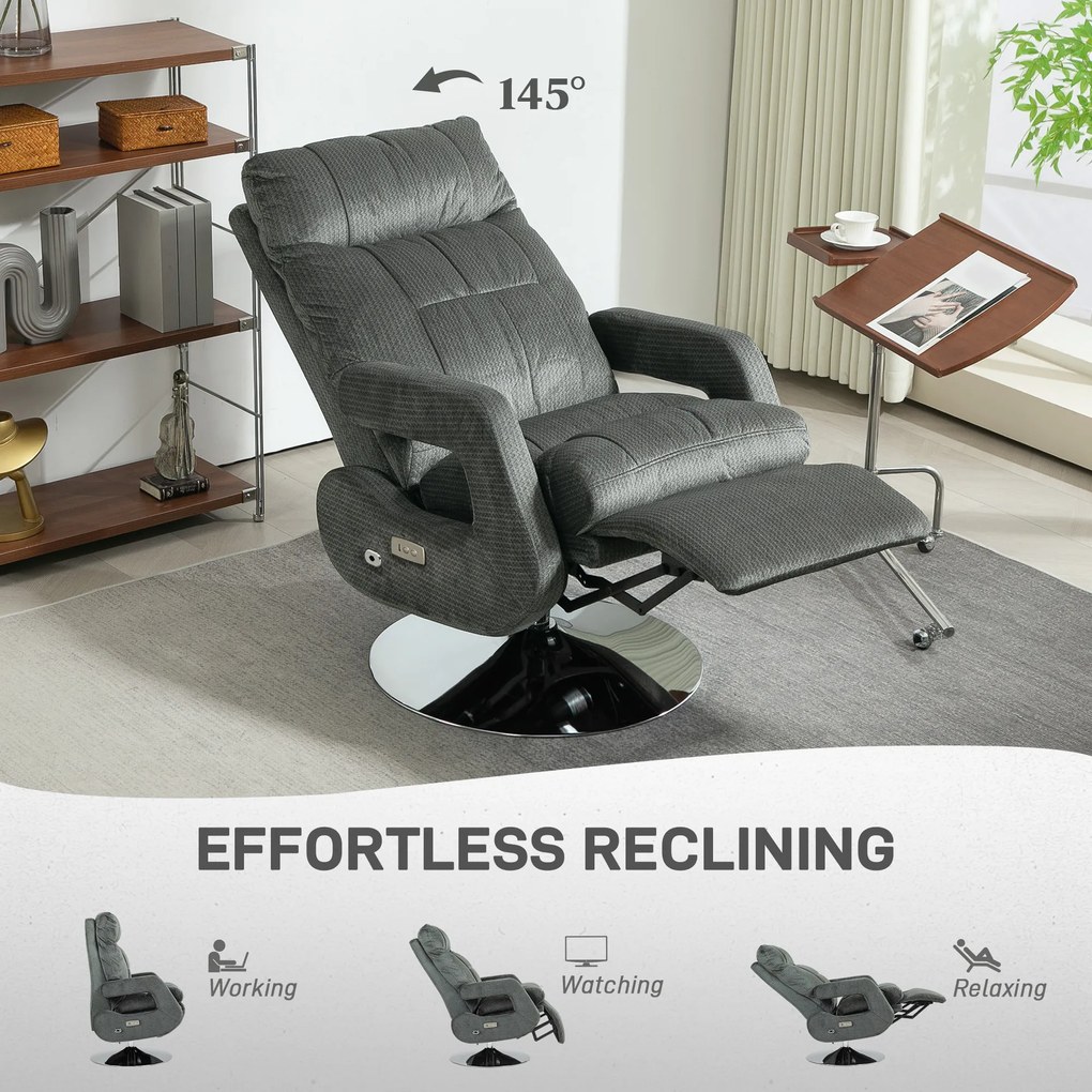 HOMCOM Fotel Relax z Elektryczną Regulacją, USB i Podnóżkiem, Wykończenie Aksamitne, Obrotowy, Regulowany, Szary