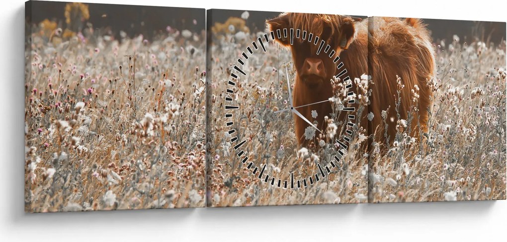 Obraz - Szkocka krowa w kwiatach (z zegarem) (90x30 cm)